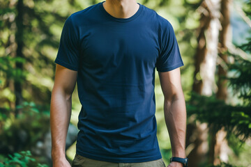 Fototapeta premium Navy Blue T-Shirt Mockup Featuring a Male Hiker Exploring Scenic Mountain Trails in Nature, Perfect for Outdoor Adventure Branding and Apparel Design