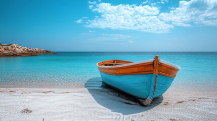 Fototapeta premium Colorful wooden boat resting on a sandy beach by the tranquil turquoise sea on a sunny day