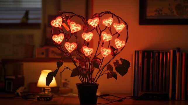 A heart-shaped USB cable rose bush glowing with a warm red hue, representing love in the digital age.