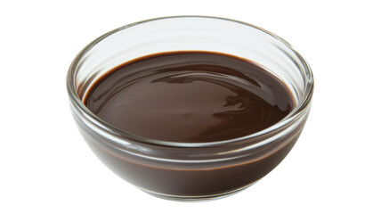 Glass bowl of smooth sweet chocolate sauce, isolated on transparent background