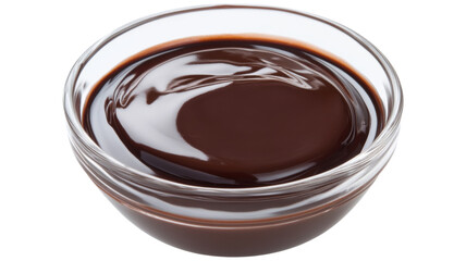 Glass bowl of smooth sweet chocolate sauce, isolated on transparent background