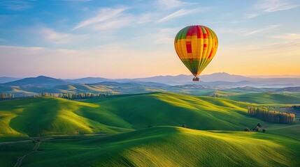 Fototapeta premium A hot air balloon floating above rolling green hills, under a sky streaked with soft pastel hues.