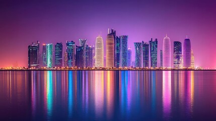 Fototapeta premium Doha Skyline Night Illuminates Cityscape Reflection