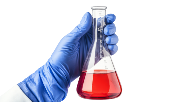 Gloved hand with laboratory flask and red liquid, isolated on transparent background - Powered by Adobe