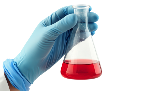 Gloved hand with laboratory flask and red liquid, isolated on transparent background