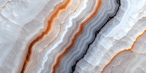Obraz premium Intricate patterns of white and orange agate stone. A beautiful natural texture with swirling lines and color variations.