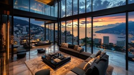 A luxury penthouse room with sleek, contemporary furnishings and an expansive sea view of Monaco at sunset.