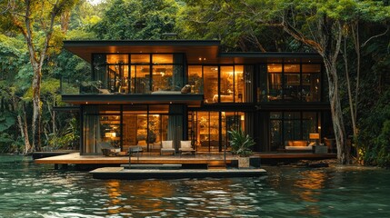 Obraz premium Modern Luxurious Lakeside Home Nestled Among Lush Greenery