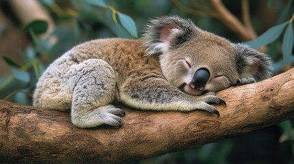 Naklejka premium Adorable Koala Bear Sleeping Soundly On Branch