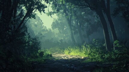 Fototapeta premium Mystical Forest Path Beckons Through Verdant Canopy