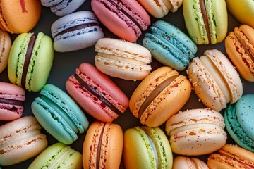 Delicious multicolored macarons creating a vibrant and textured background, showcasing variety of flavors and colors