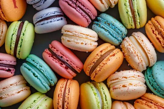 Delicious multicolored macarons creating a vibrant and textured background, showcasing variety of flavors and colors