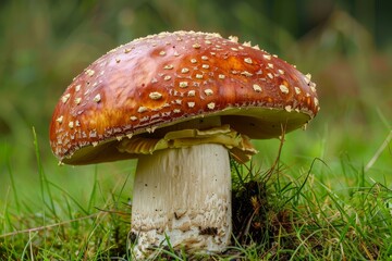 Red and white spotted fly agaric mushroom growing in a patch of grass