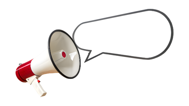 3D red megaphone on white background for announcement and communication