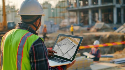 A construction engineer using a laptop to check building plans, with a construction site and workers visible in the background, Construction planning scene