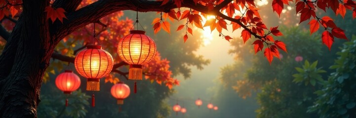 Colorful lanterns hang from a tall tree branches, winter, festive