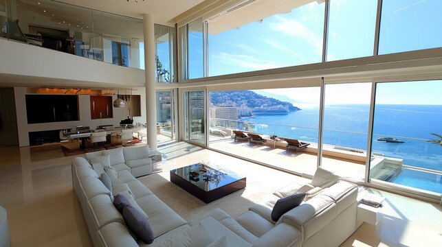 A minimalist penthouse living room with modern design and expansive glass windows overlooking Monacos coast.
