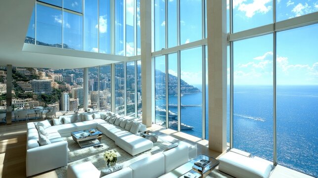A minimalist penthouse living room with modern design and expansive glass windows overlooking Monacos coast.