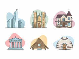 Diverse Architectural Styles Illustrated In Simple Drawings