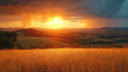 Fototapeta premium Golden Sunset Over Rolling Hills And Grassland