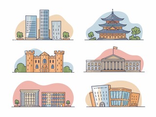 Diverse Architectural Styles Illustrated in Simple Line Drawings