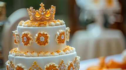 Luxurious three tier wedding cake adorned with golden crown and floral decorations, perfect for celebrations and special occasions