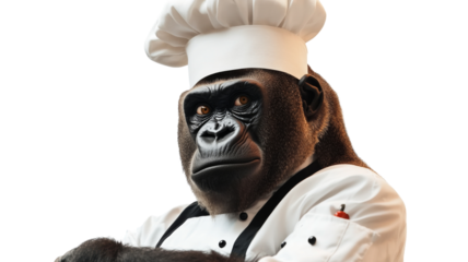 Gorilla wearing chef uniform and chef hat, isolated on transparent background