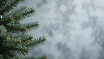 Close-up of Christmas tree limbs against a blurred grey backdrop. Branch macro of fir or pine.
