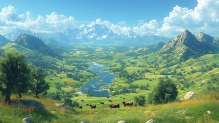 Obraz premium A picturesque alpine valley resembling the Swiss Alps, with lush green meadows, grazing cows, and a serene river flowing through the landscape. Snow-capped peaks rise in the background under a bright