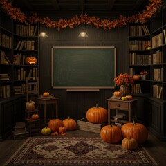 Cozy autumn classroom, chalkboard, bookshelves, pumpkins, warm lighting, fall decorations, string lights, rustic wooden interior, educational setting, seasonal ambiance, vintage style, halloween atmos