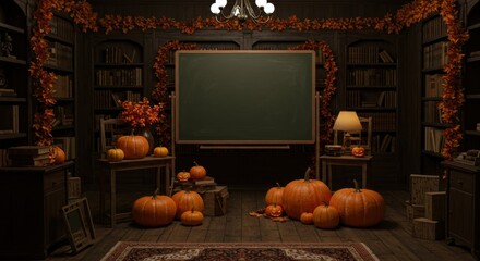 Cozy autumn classroom, chalkboard, bookshelves, pumpkins, warm lighting, fall decorations, string lights, rustic wooden interior, educational setting, seasonal ambiance, vintage style, halloween atmos