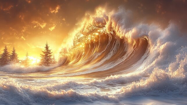 Golden Sunset Wave Crashing Near Winter Trees
