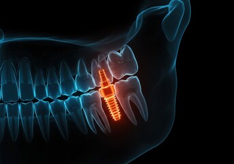 X-ray dental image, glowing teeth, jaw structure, anatomical illustration, blue and orange contrast, transparent bone, dental implants, medical visualization, dark background, digital art, hyper-reali