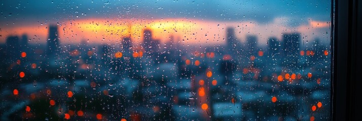 Rainy city skyline viewed through a rain-streaked window at sunset.