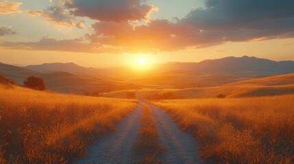 Obraz premium Sunset over rolling hills and a country road