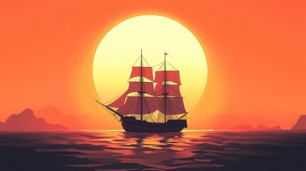 Obraz premium A sailing ship at sunset on a calm ocean