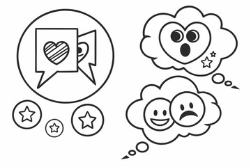 Simple line drawings, emotional icons, speech bubbles, black and white, minimalist design, expressive faces, symbolic emotions, communication symbols, clean vector style, round shapes, concise visual 