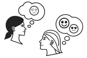Simple line drawings, emotional icons, speech bubbles, black and white, minimalist design, expressive faces, symbolic emotions, communication symbols, clean vector style, round shapes, concise visual 