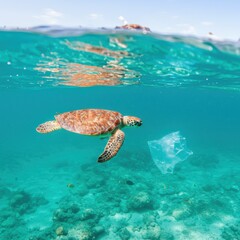 Fototapeta premium Underwater sea turtle, crystal clear turquoise water, coral reef, plastic bag pollution, marine life, environmental awareness, ocean conservation, photorealistic, high detail, wide-angle underwater sh