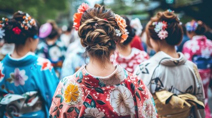 Fototapeta premium Traditional Japanese women in colorful kimonos with floral patterns, celebrating cultural festival. vibrant colors and intricate designs create festive atmosphere