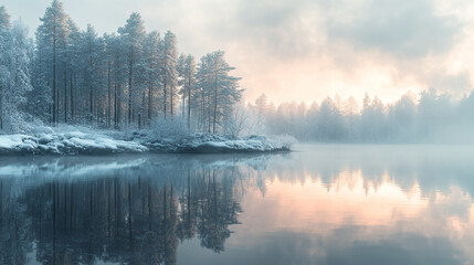 Fototapeta premium Serene winter landscape with fog and reflections on a tranquil lake at dawn
