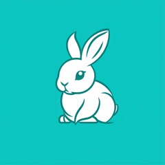 Fototapeta premium Cute white bunny sitting, teal background, Easter, children's book illustration