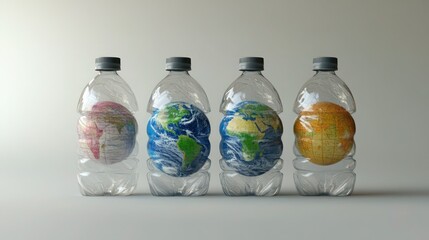 Four plastic bottles with globe illustrations, highlighting environmental concern.