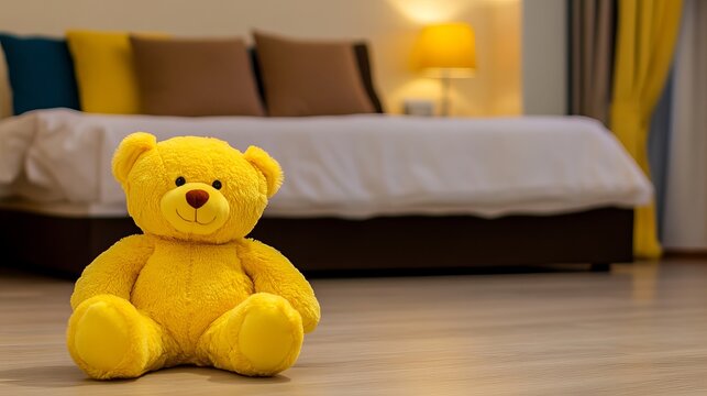 A cheerful yellow teddy bear sits in a cozy bedroom setting.