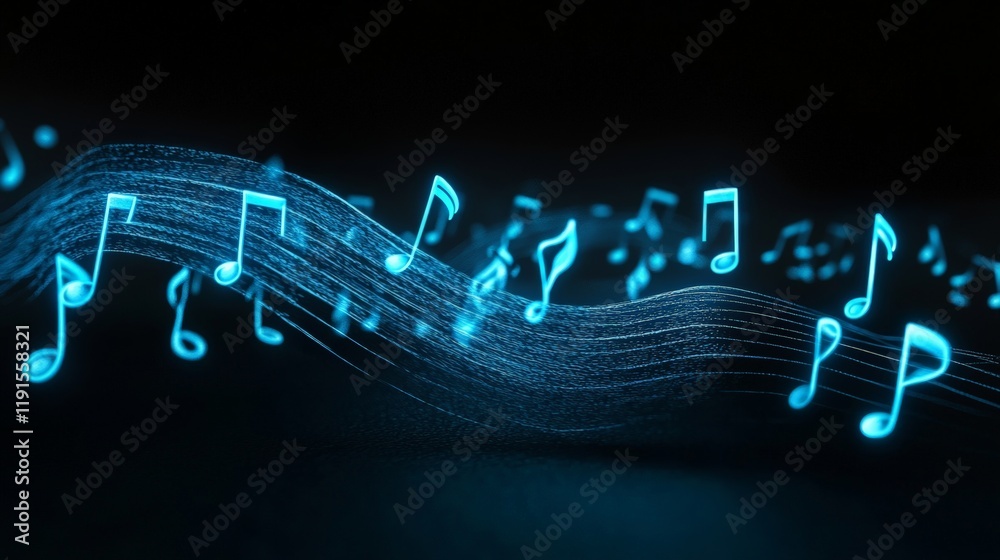 Poster Bright blue music notes are floating and flowing on a digital sound wave, representing music composition, recording, and the power of sound in an abstract and artistic way