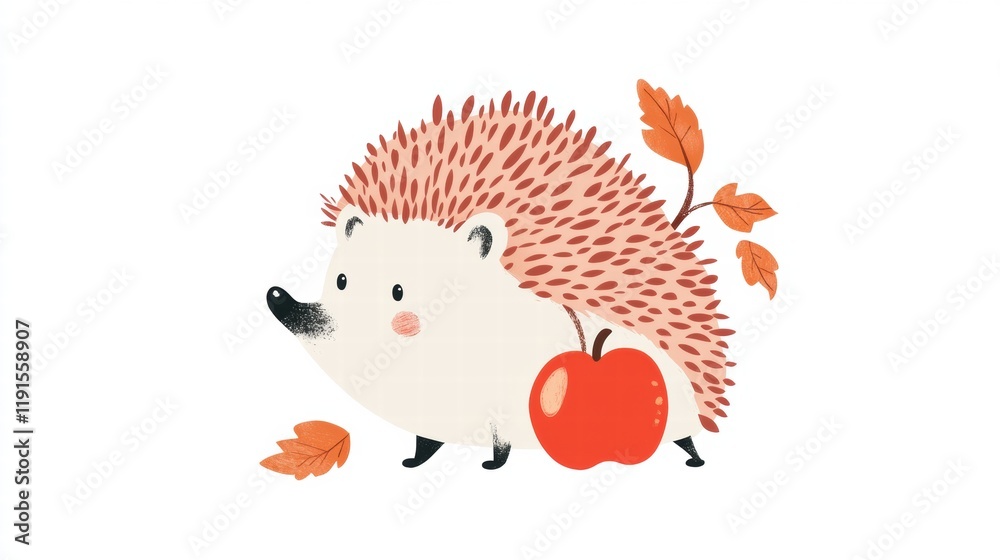Poster charming hedgehog carrying a red apple on its back in a cozy autumn setting surrounded by colorful l