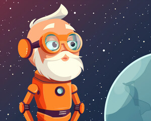 Futuristic Space Explorer Illustration with Elderly Astronaut in Orange Spacesuit Gazing at Planet in Starry Sky