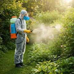 Hazmat suit worker, pesticide spraying, lush green forest, mist spray, sunlight filtering through trees, environmental impact, protective equipment, agricultural chemicals, nature vs intervention, vib