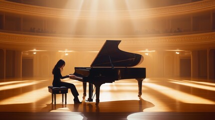 Professional pianist performing a classical music piece on grand piano on stage in a beautiful concert hall, illuminated by warm spotlights, creating a captivating atmosphere