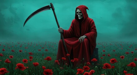 Fototapeta premium Grim reaper, red hooded cloak, scythe, field of red poppies, eerie green sky, atmospheric fog, ominous presence, dark fantasy, surreal landscape, supernatural, horror aesthetic, high contrast, moody l